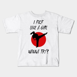 I Kick Like a Girl Wanna Try Funny Karate Aesthetic Kids T-Shirt